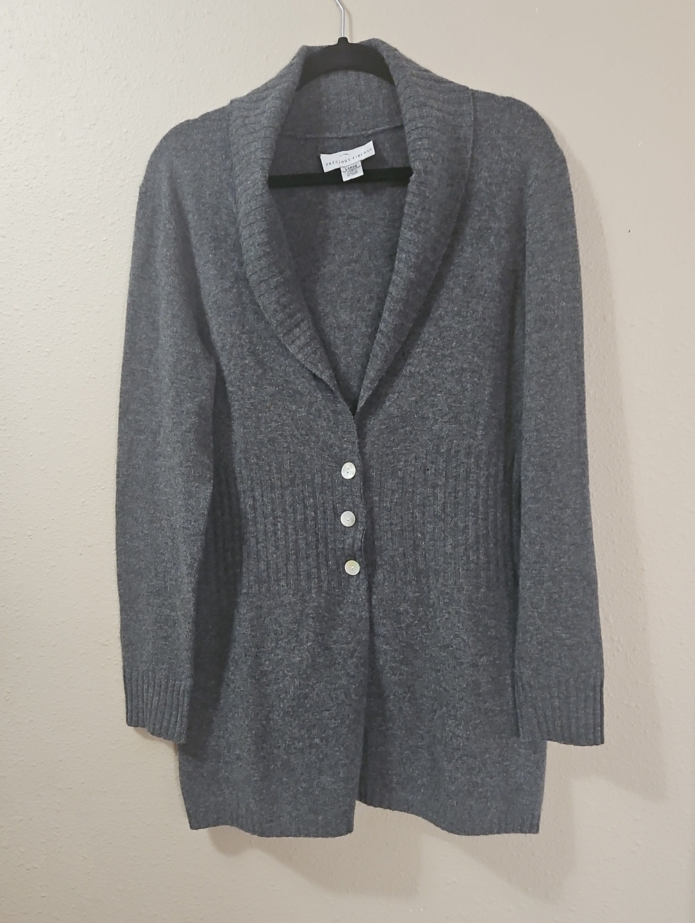 Precious Fibers Shawl-Collar Charcoal Gray Button Cardigan
